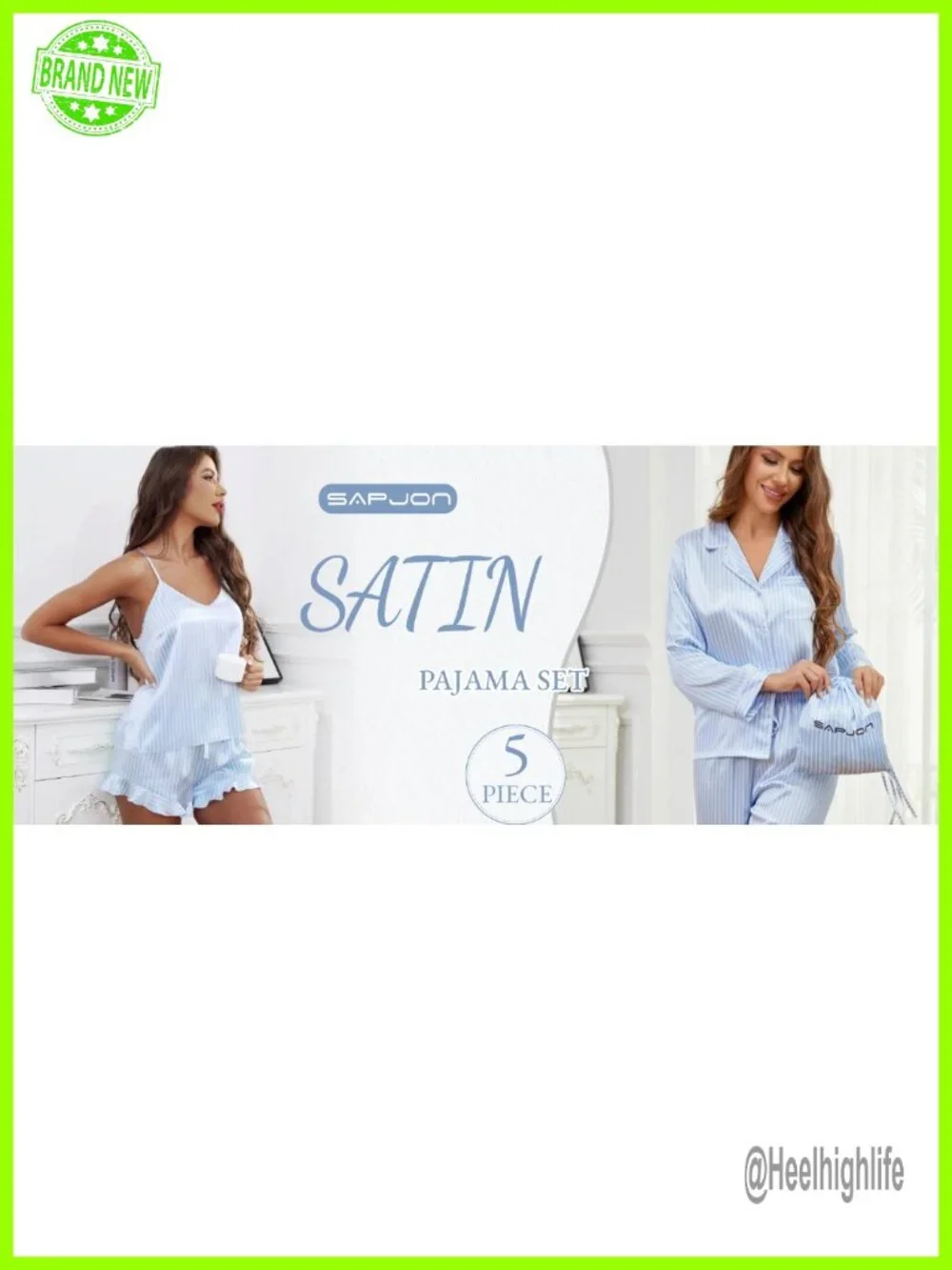 5PCS Satin Silk Pajama Set - Button Down Top, Pants, Cami & Ruffle Shorts